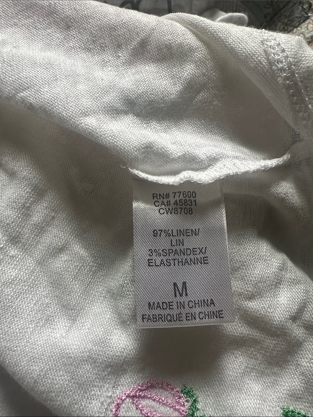 NWT Chaser White  Sleeveless  Linen Top with Rose Embroidery and Green Stem - Picture 5 of 5
